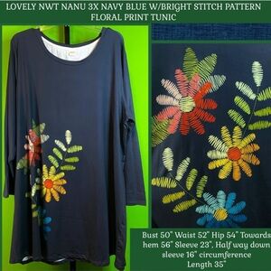 LOVELY NWT NANU 3X NAVY BLUE W/BRIGHT STITCH PATTERN FLORAL PRINT BOHO TUNIC